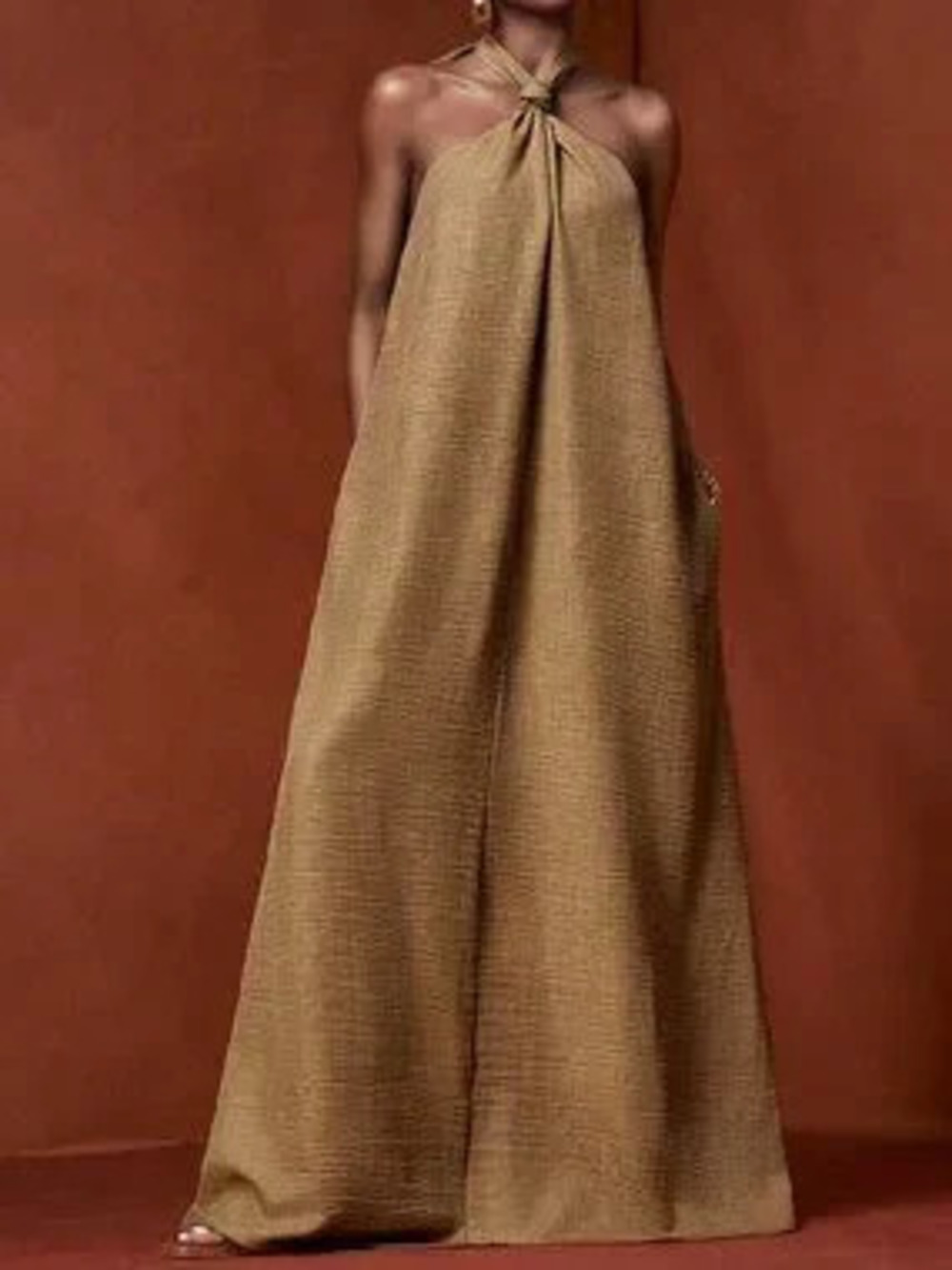 Brown Casual Women's Halter Knot Neck Open Back Maxi Dress With Pockets